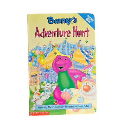A board book cover of 'Barney's Adventure Hunt' featuring colorful illustrations of Barney the dinosaur and various playful scenes.