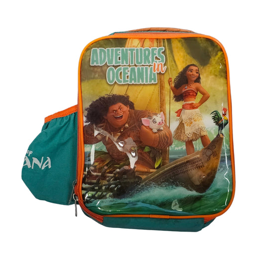 A lunchbox featuring characters from the Disney movie 'Moana' with the title 'ADVENTURES OCEANIA' on the front.