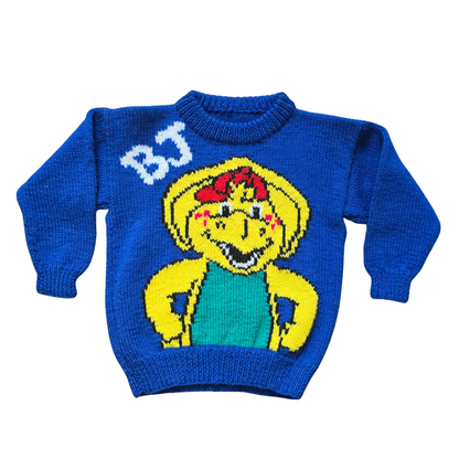 🔑 Handknit Barney & Friends BJ Sweater (Sz 4-5) (90s Pattern)