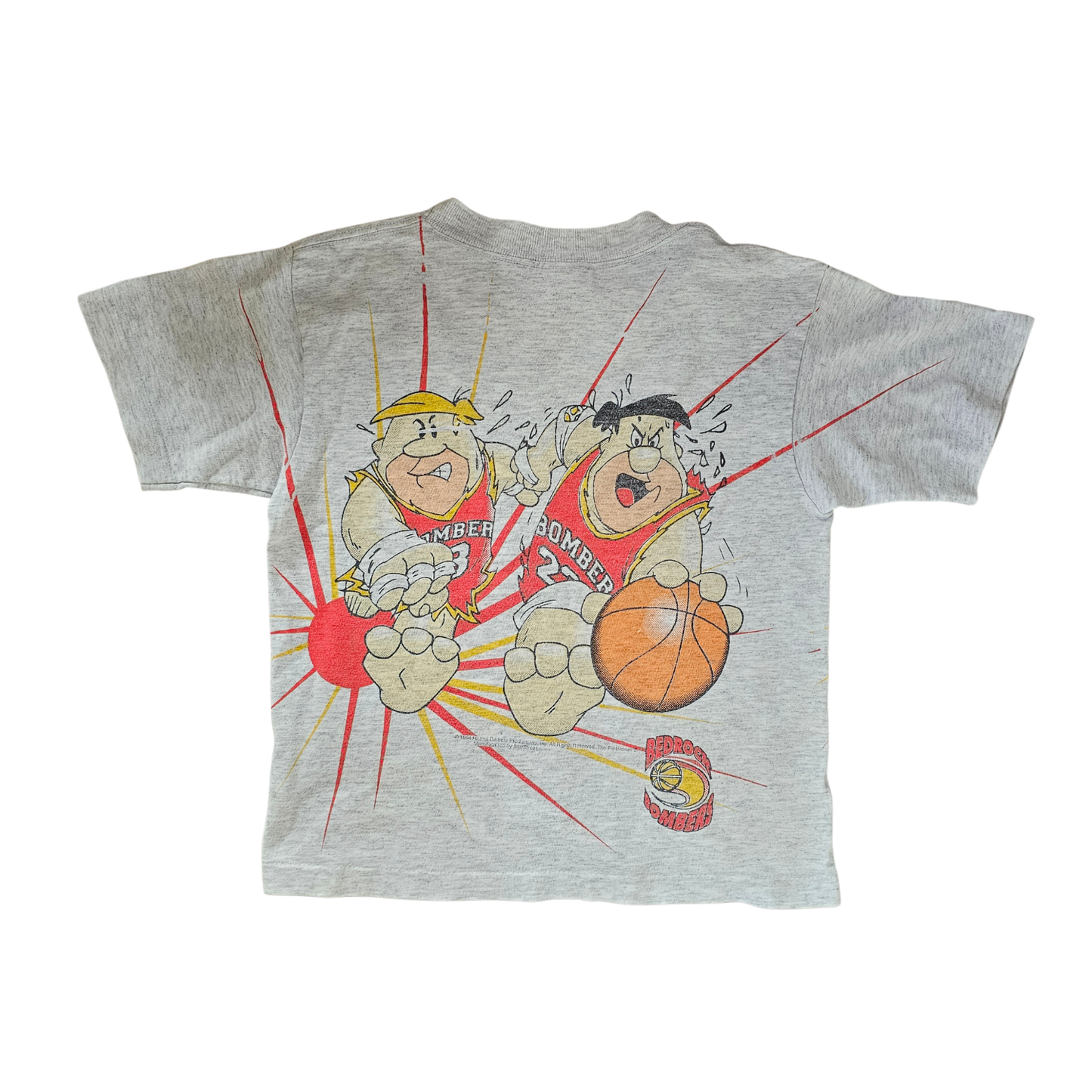 VAULT 🏦 Vtg Hanna-Barbera Flintstones Fred and Barney Bedrock Bombers AOP (90s) (Sz 6/7)
